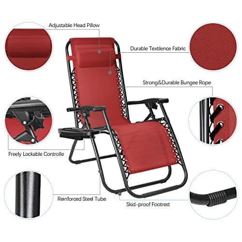 Flamaker Patio Zero Gravity Chair Outdoor Folding Lounge Chair Adjustable Lawn Lounge Chair with Pillow for Poolside Yard Camping (Red) thumbnail 3