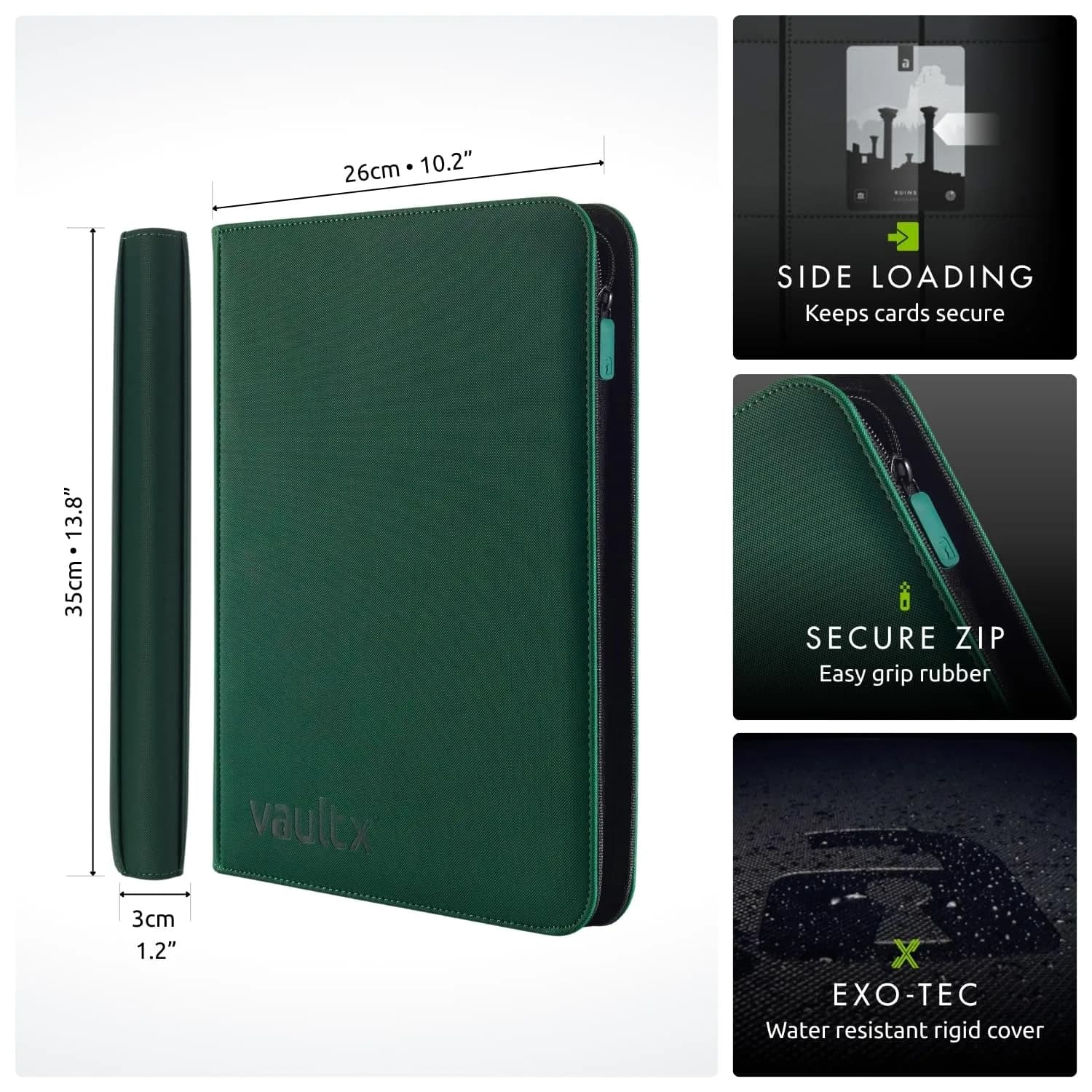 Vault X 9 Pocket Zip Binder with Exo-Tec Cover, 360 Cards, 20 Side-Loading Pages (Green) - view 2