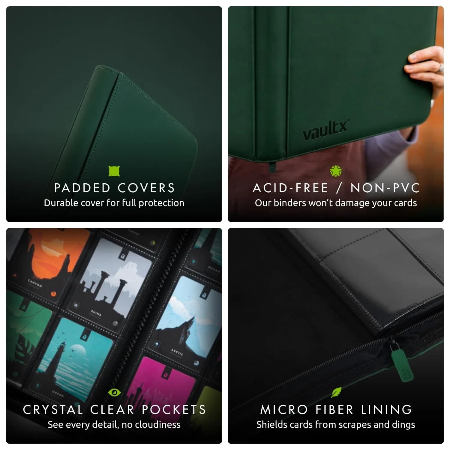 Vault X 9 Pocket Zip Binder with Exo-Tec Cover, 360 Cards, 20 Side-Loading Pages (Green) - view 6