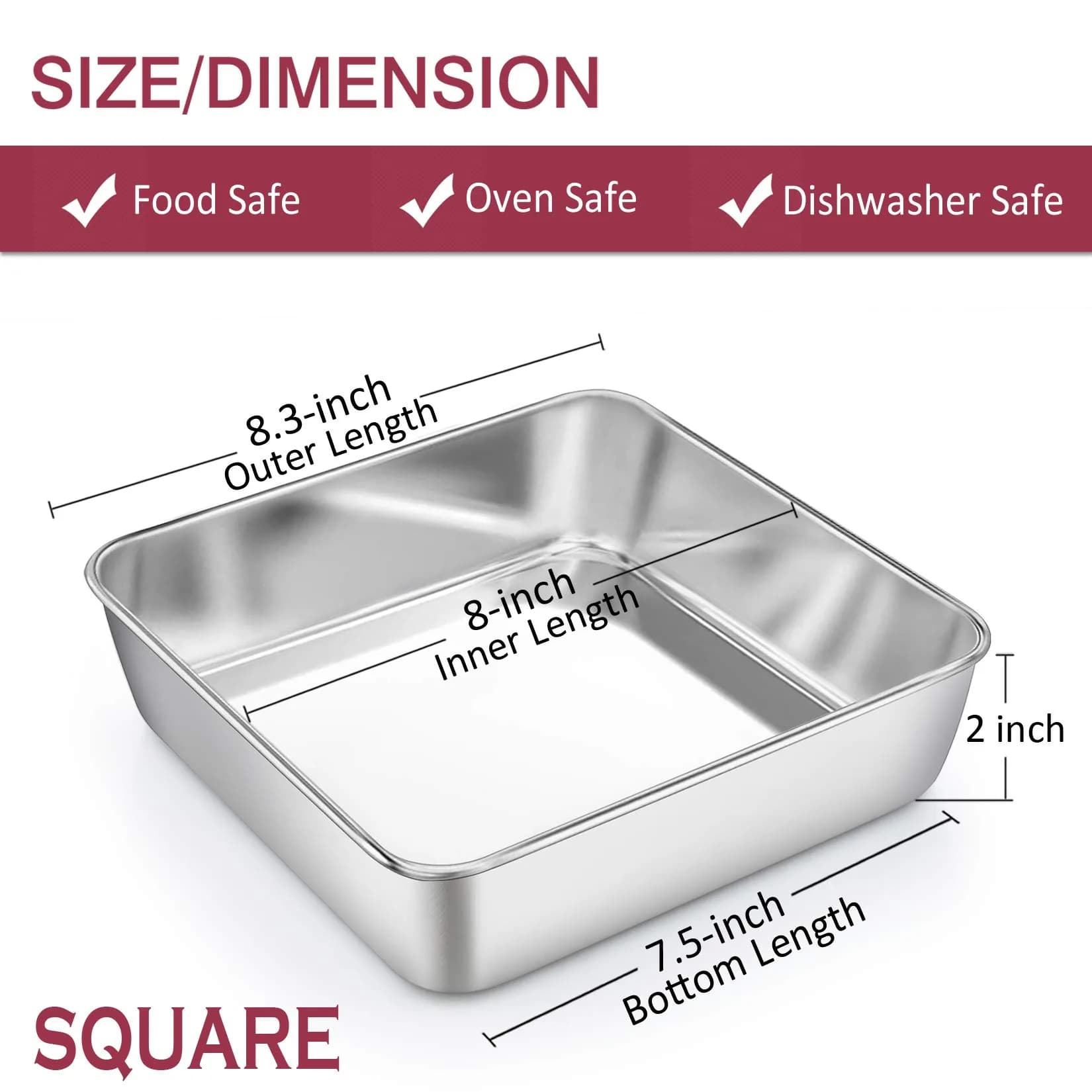 P&P CHEF Square Baking Pan 8x8 Inch (20.3x20.3 cm) | Heavy Duty Stainless Steel for Brownies & Cakes - view 2