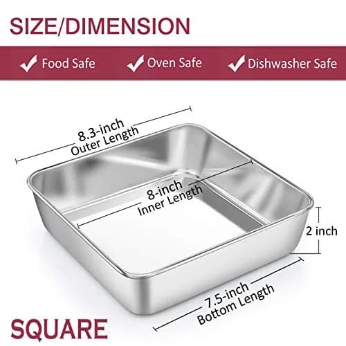 P&P CHEF Square Baking Pan 8x8 Inch (20.3x20.3 cm) | Heavy Duty Stainless Steel for Brownies & Cakes thumbnail 2