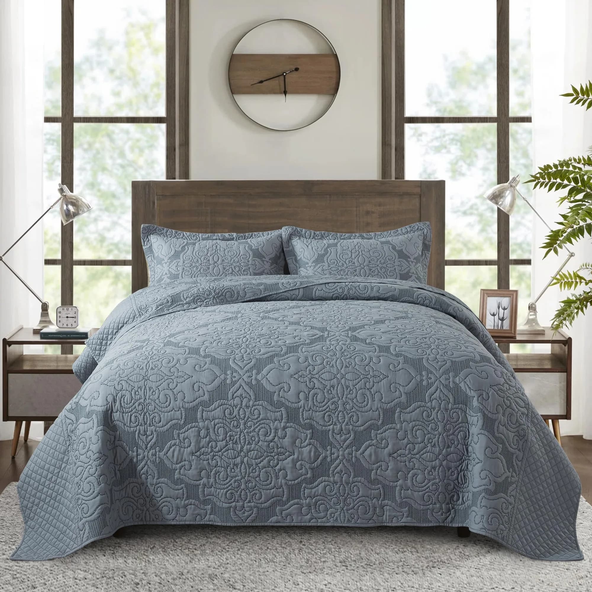 NEWLAKE Reversible Quilt Bedspread Embroidered Microfiber Coverlet Set,Jacquard Embossed Floral,Grey, King Size | All-Season Reversible Bedding — Jacquard Embossed Floral