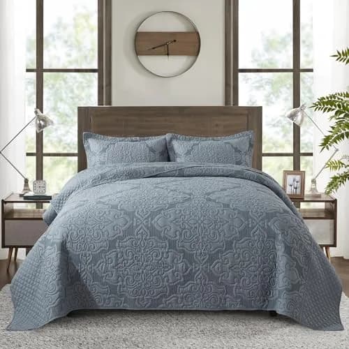 NEWLAKE Reversible Quilt Bedspread Embroidered Microfiber Coverlet Set,Jacquard Embossed Floral,Grey, King Size | All-Season Reversible Bedding thumbnail 1