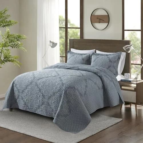 NEWLAKE Reversible Quilt Bedspread Embroidered Microfiber Coverlet Set,Jacquard Embossed Floral,Grey, King Size | All-Season Reversible Bedding thumbnail 4