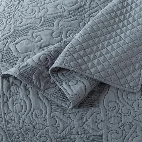 NEWLAKE Reversible Quilt Bedspread Embroidered Microfiber Coverlet Set,Jacquard Embossed Floral,Grey, King Size | All-Season Reversible Bedding thumbnail 7