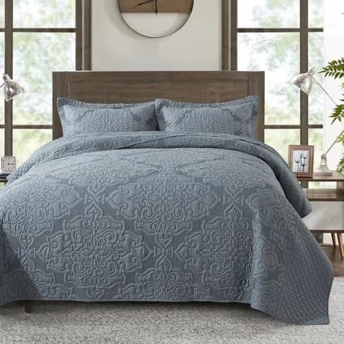 NEWLAKE Reversible Quilt Bedspread Embroidered Microfiber Coverlet Set,Jacquard Embossed Floral,Grey, King Size | All-Season Reversible Bedding thumbnail 8