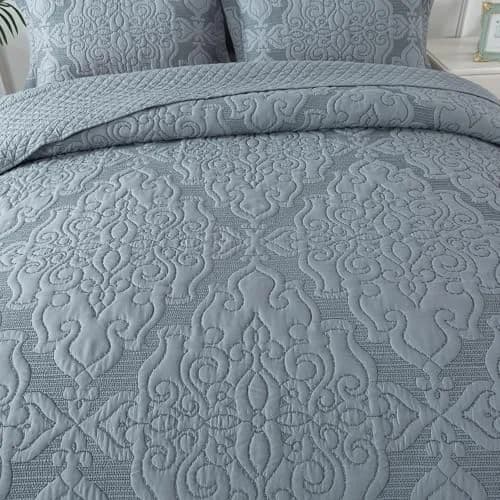 NEWLAKE Reversible Quilt Bedspread Embroidered Microfiber Coverlet Set,Jacquard Embossed Floral,Grey, King Size | All-Season Reversible Bedding thumbnail 2