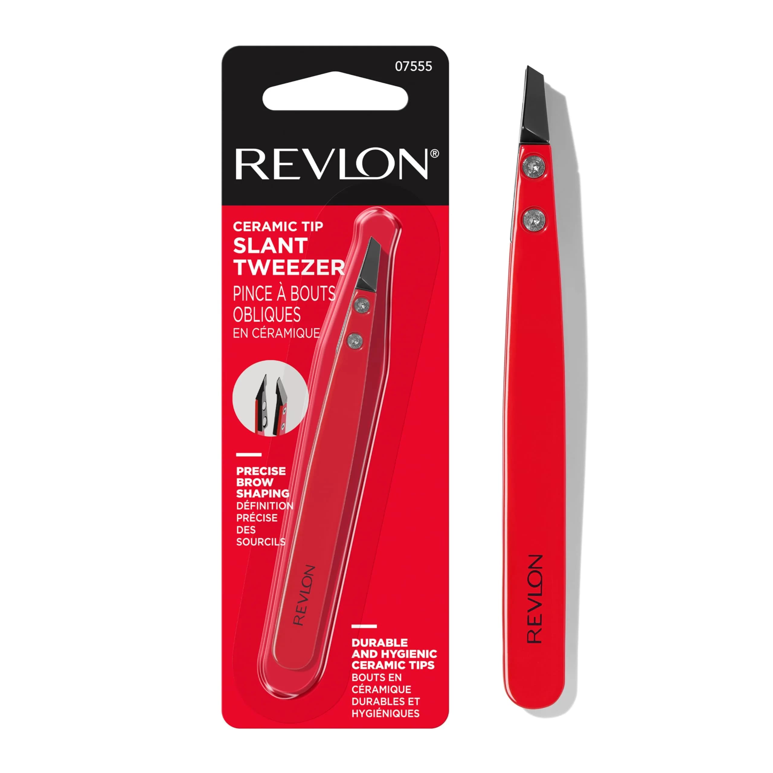 Revlon Ceramic Slanted Tip Tweezers, Precision For Eyebrow Shaping and Fine Hair Removal, Stainless Steel Body, Red, 1 Count | Hand-Finished Ceramic Tip - main product image