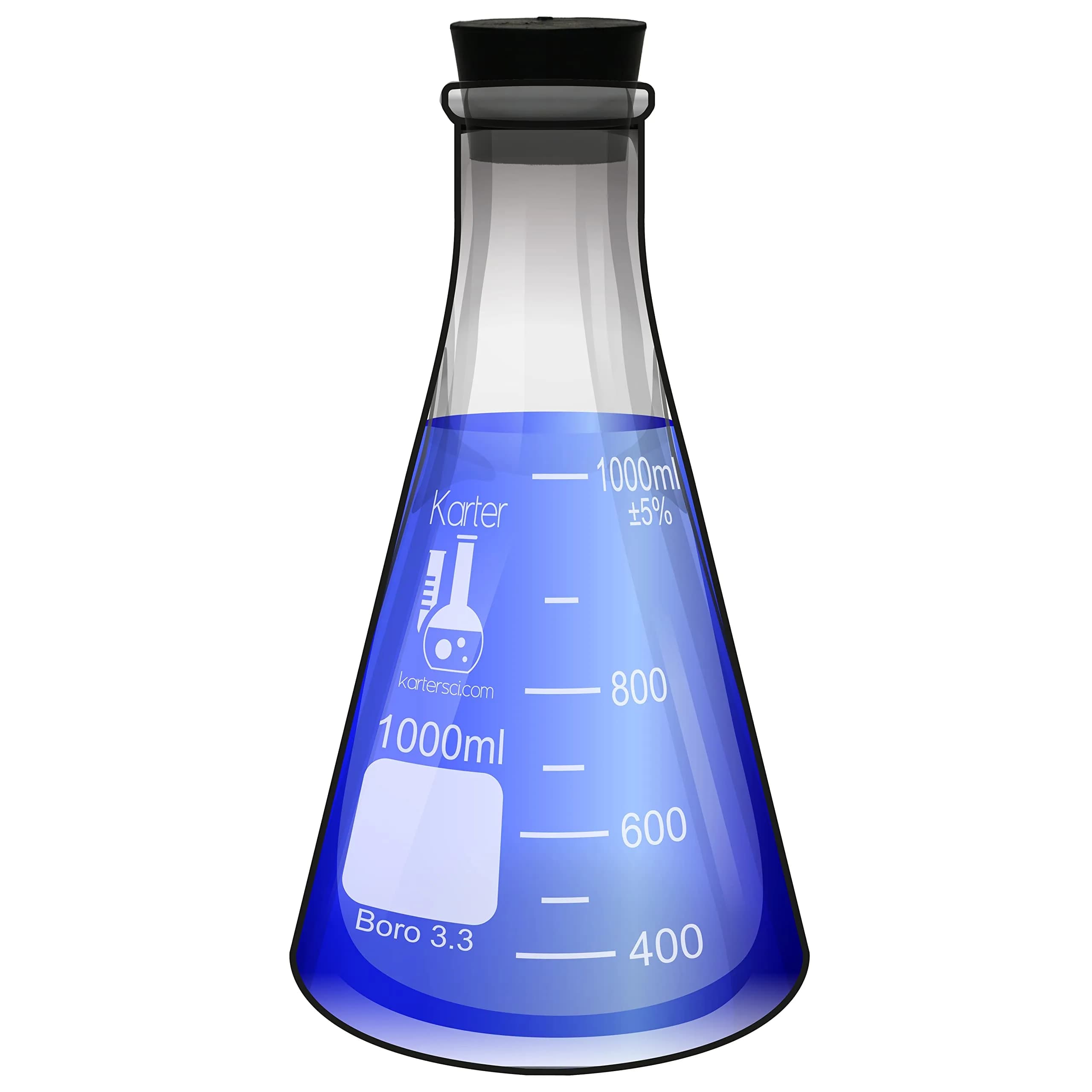 Karter Scientific 1000ml Narrow Mouth Erlenmeyer Flask with Rubber Stopper | 3.3 Borosilicate Glass, Heavy Duty Rim, 228mm Height — 1000ML