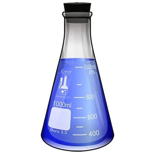 Karter Scientific 1000ml Narrow Mouth Erlenmeyer Flask with Rubber Stopper | 3.3 Borosilicate Glass, Heavy Duty Rim, 228mm Height thumbnail 1