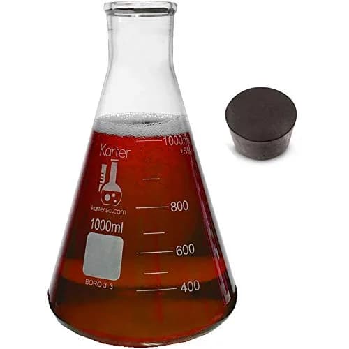 Karter Scientific 1000ml Narrow Mouth Erlenmeyer Flask with Rubber Stopper | 3.3 Borosilicate Glass, Heavy Duty Rim, 228mm Height thumbnail 2