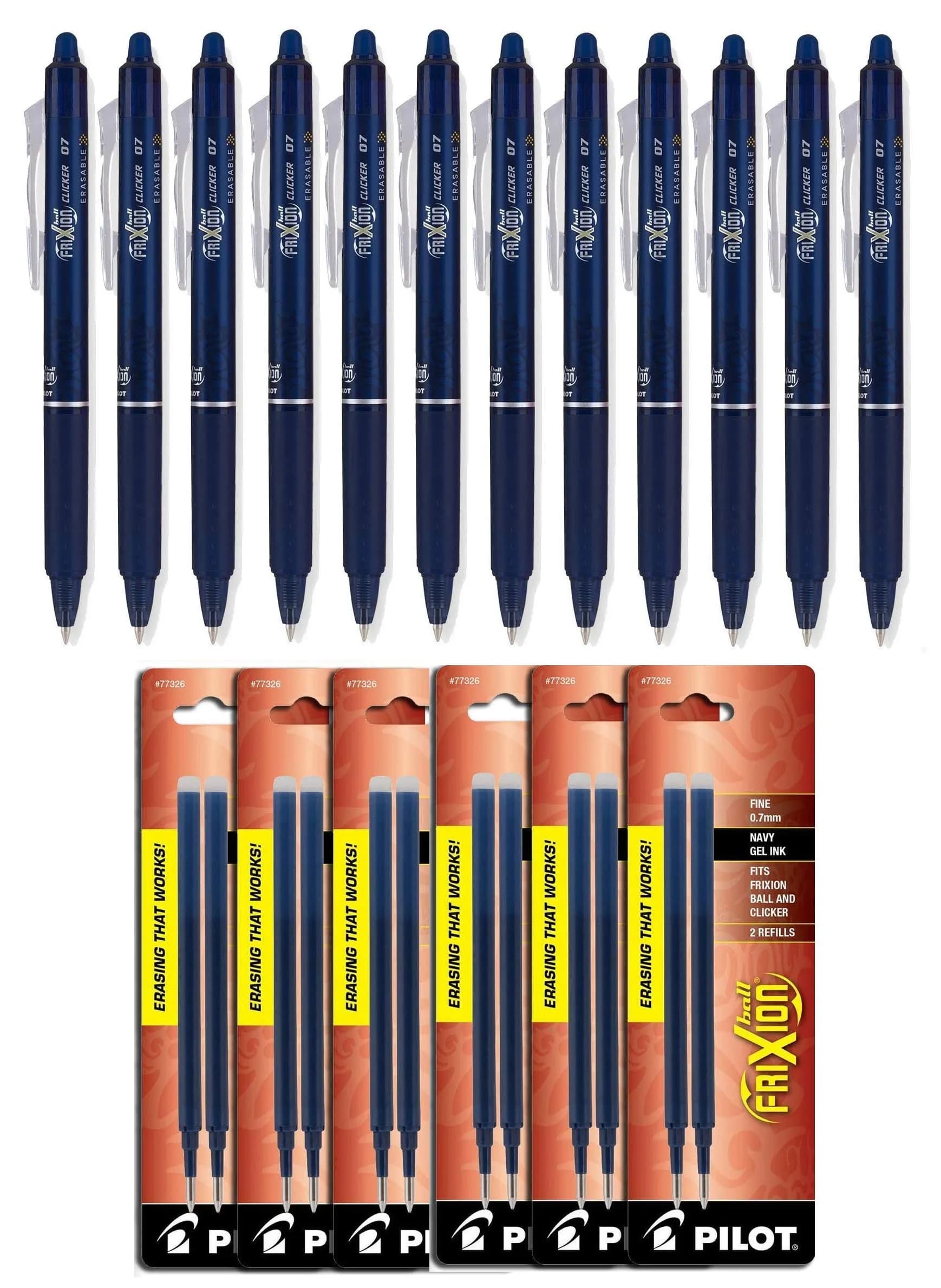 Pilot FriXion Clicker Retractable Gel Ink Pens 0.7mm | Erasable, Fine Point, Navy Blue Ink, Bundle of 12 Pens + 12 Refills