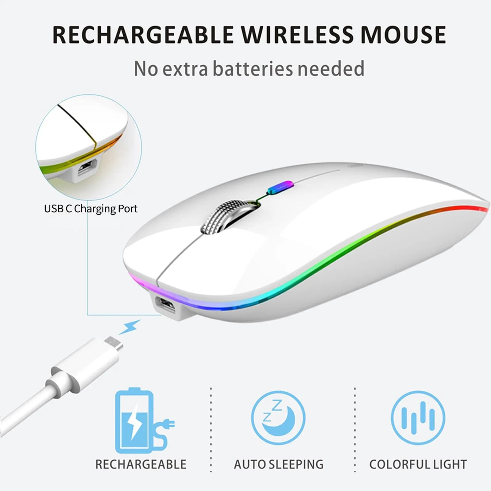 Uiosmuph G12 LED Wireless Mouse - White | Rechargeable, Silent, USB-C, 1600 DPI - view 4