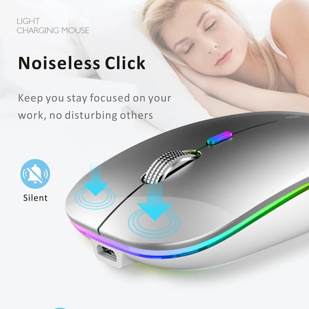 Uiosmuph G12 LED Wireless Mouse, Rechargeable Silent Mouse with USB C Adapter, 1600DPI Optical, 4.4 x 2.22 x 0.79 inches, Silver | Modern Style - view 7
