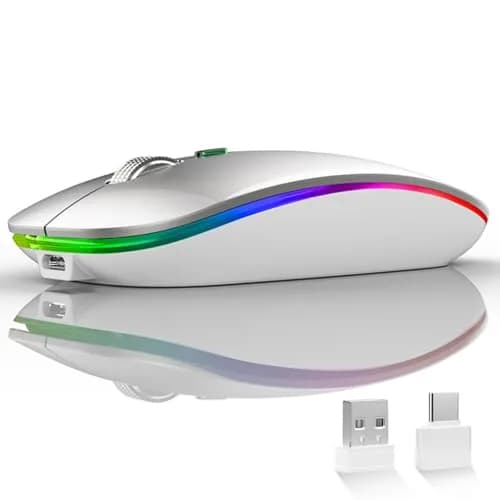 Uiosmuph G12 LED Wireless Mouse, Rechargeable Silent Mouse with USB C Adapter, 1600DPI Optical, 4.4 x 2.22 x 0.79 inches, Silver | Modern Style thumbnail 1