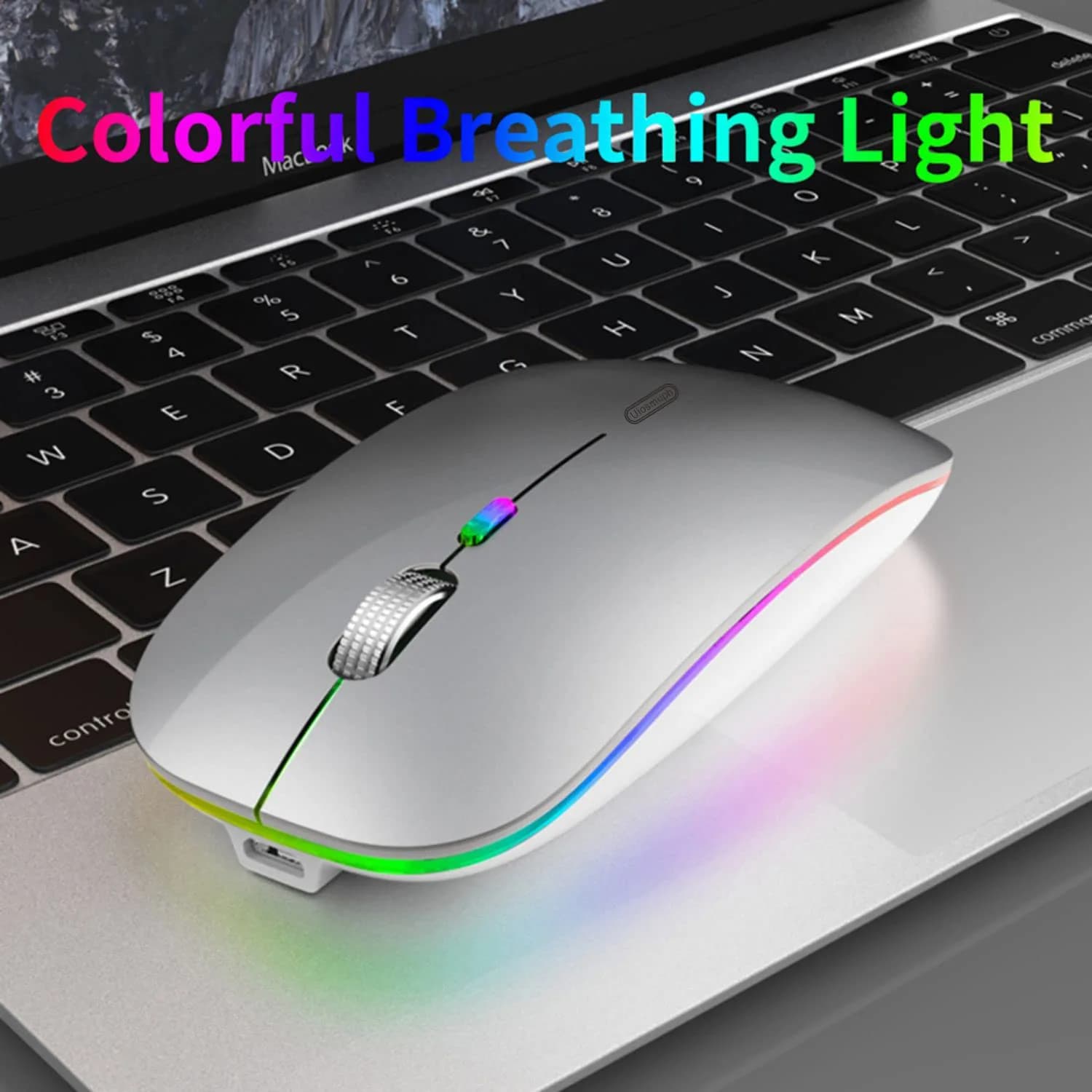 Uiosmuph G12 LED Wireless Mouse, Rechargeable Silent Mouse with USB C Adapter, 1600DPI Optical, 4.4 x 2.22 x 0.79 inches, Silver | Modern Style - view 2