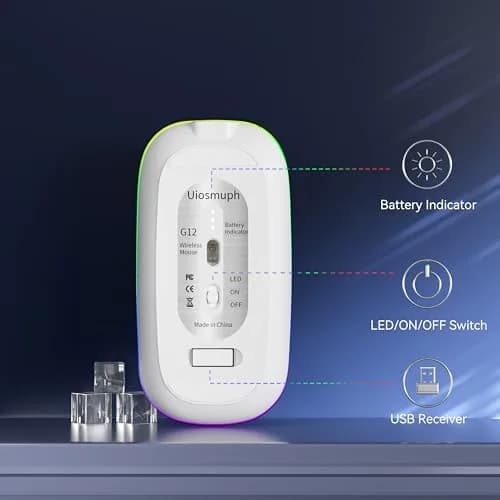 Uiosmuph G12 LED Wireless Mouse, Rechargeable Silent Mouse with USB C Adapter, 1600DPI Optical, Blue | Modern Style thumbnail 5