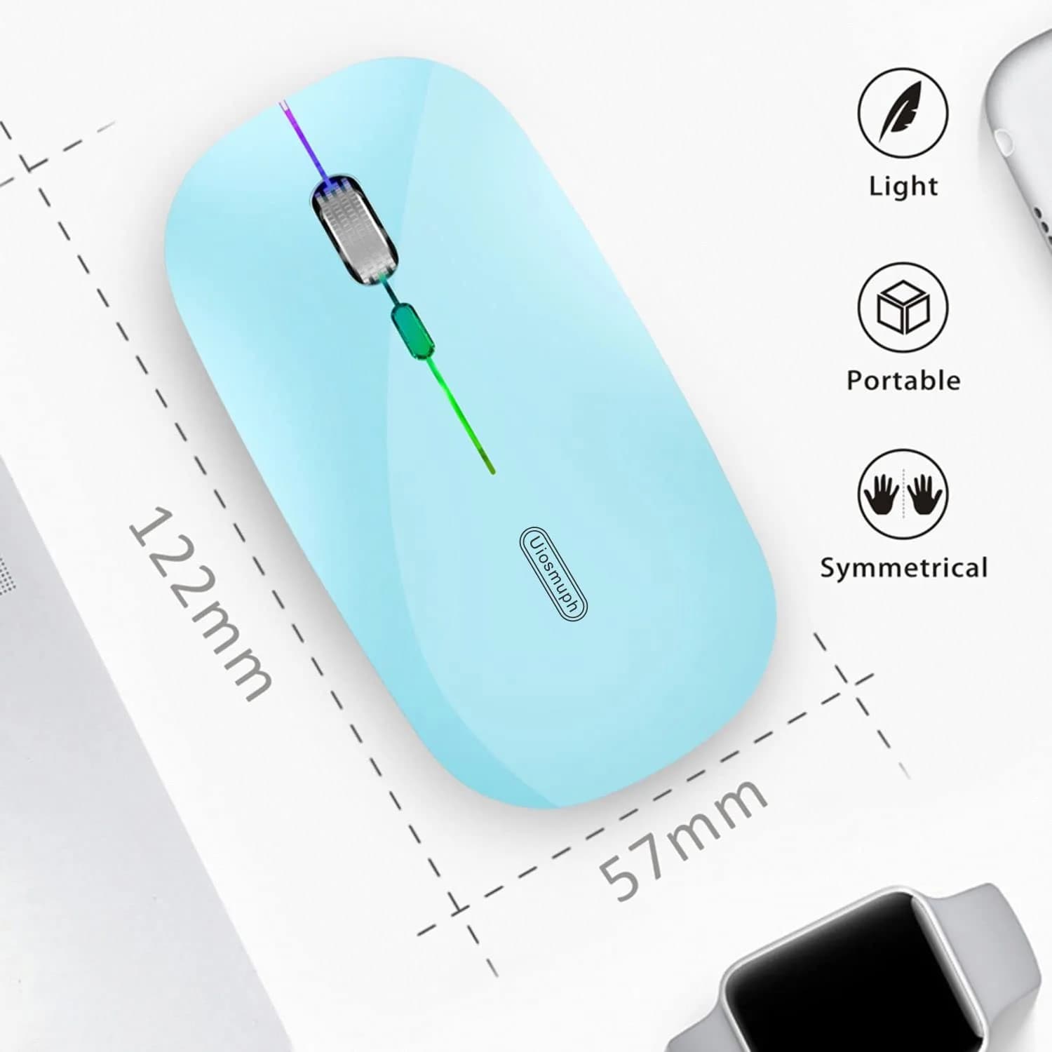 Uiosmuph G12 LED Wireless Mouse, Rechargeable Silent Mouse with USB C Adapter, 1600DPI Optical, Blue | Modern Style - view 3