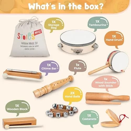 Stoie’s Wooden Musical Instruments for Kids Ages 3+ | Montessori Music Toy Set with 13 Instruments thumbnail 2