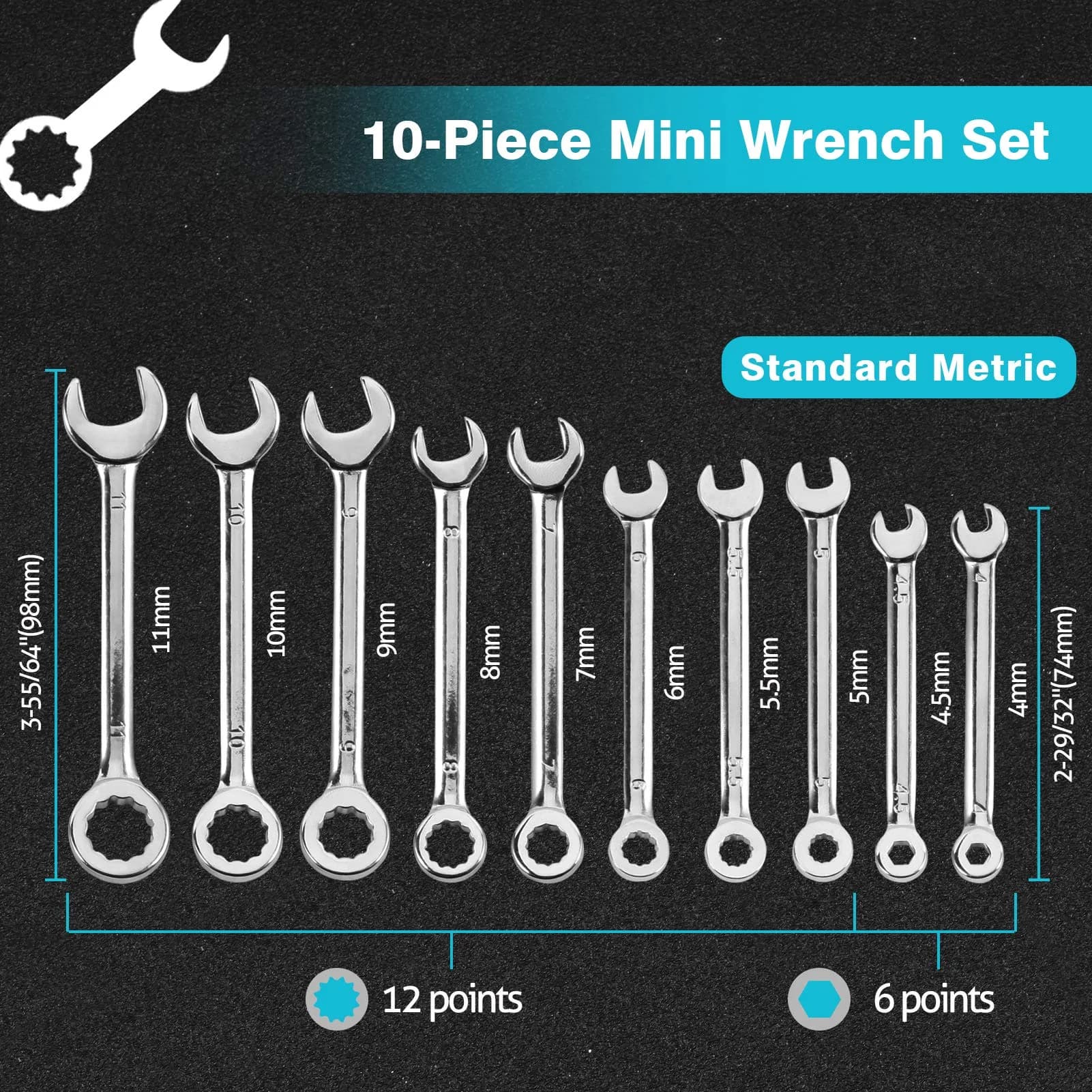 SPEEDWOX 10-Piece Metric Mini Combination Wrench Set (4mm-11mm) with Portable Pouch - view 2