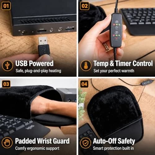 WOLVIO USB Heated Mouse Pad Hand Warmer | 3 Temperatures & Timers, Ergonomic, UKCA/CE Certified thumbnail 4