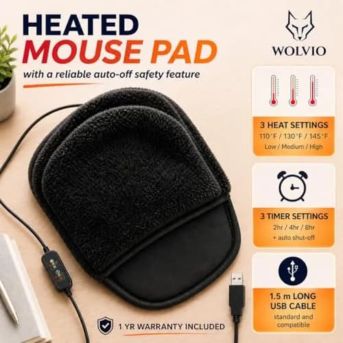 WOLVIO USB Heated Mouse Pad Hand Warmer | 3 Temperatures & Timers, Ergonomic, UKCA/CE Certified thumbnail 2