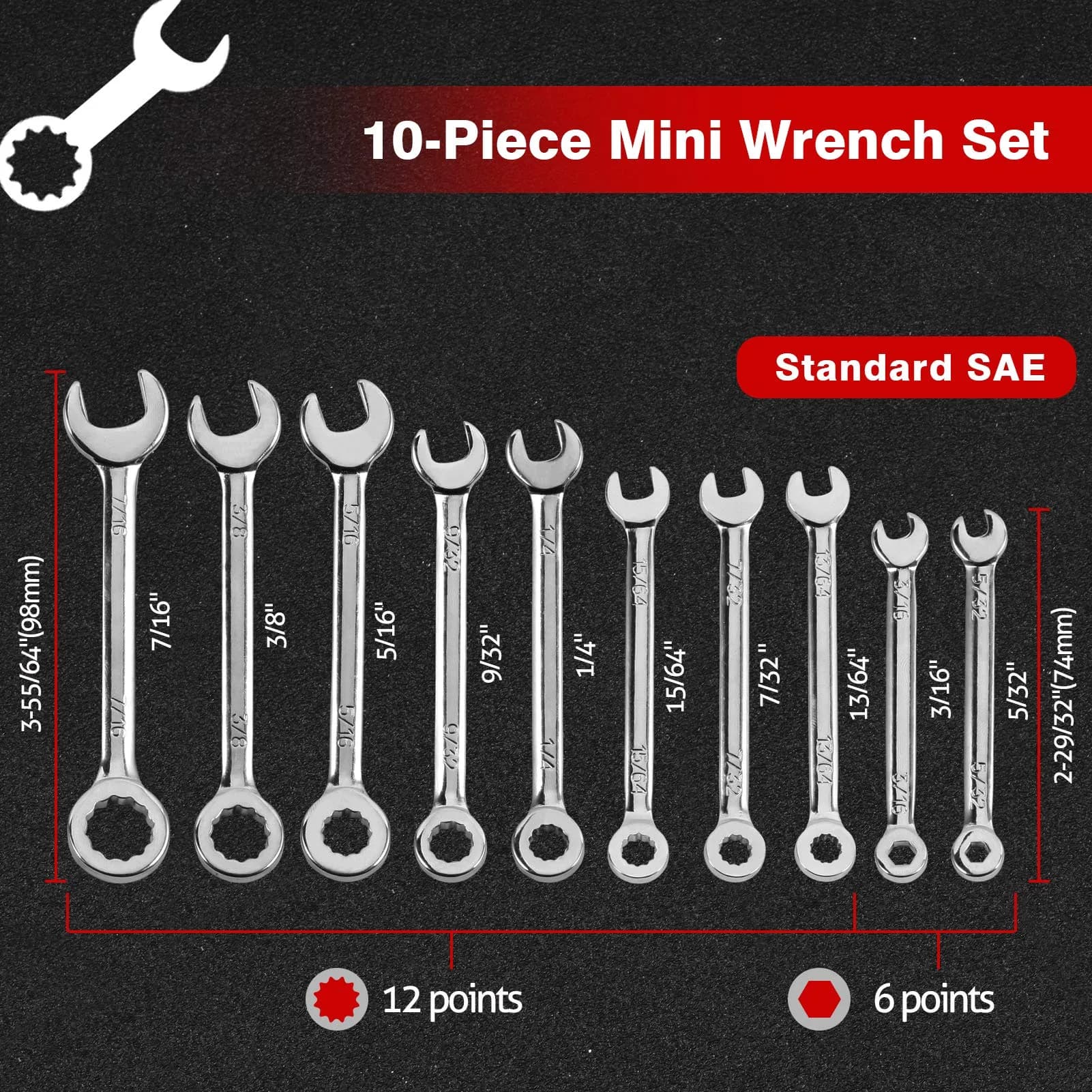 SPEEDWOX Mini SAE Ignition Wrench Set 10 Pcs 5/32"-7/16" Small Combination Wrenches - view 2