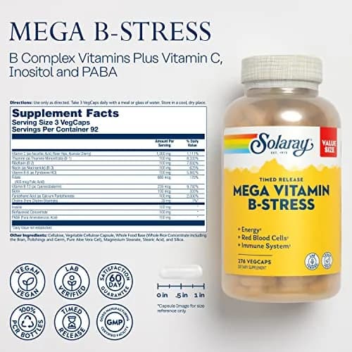 SOLARAY Mega Vitamin B-Stress - Timed Release Vitamin B Complex w/Vitamin B12, B6, Folic Acid, VIT. C - Vegan, 276 Count thumbnail 2