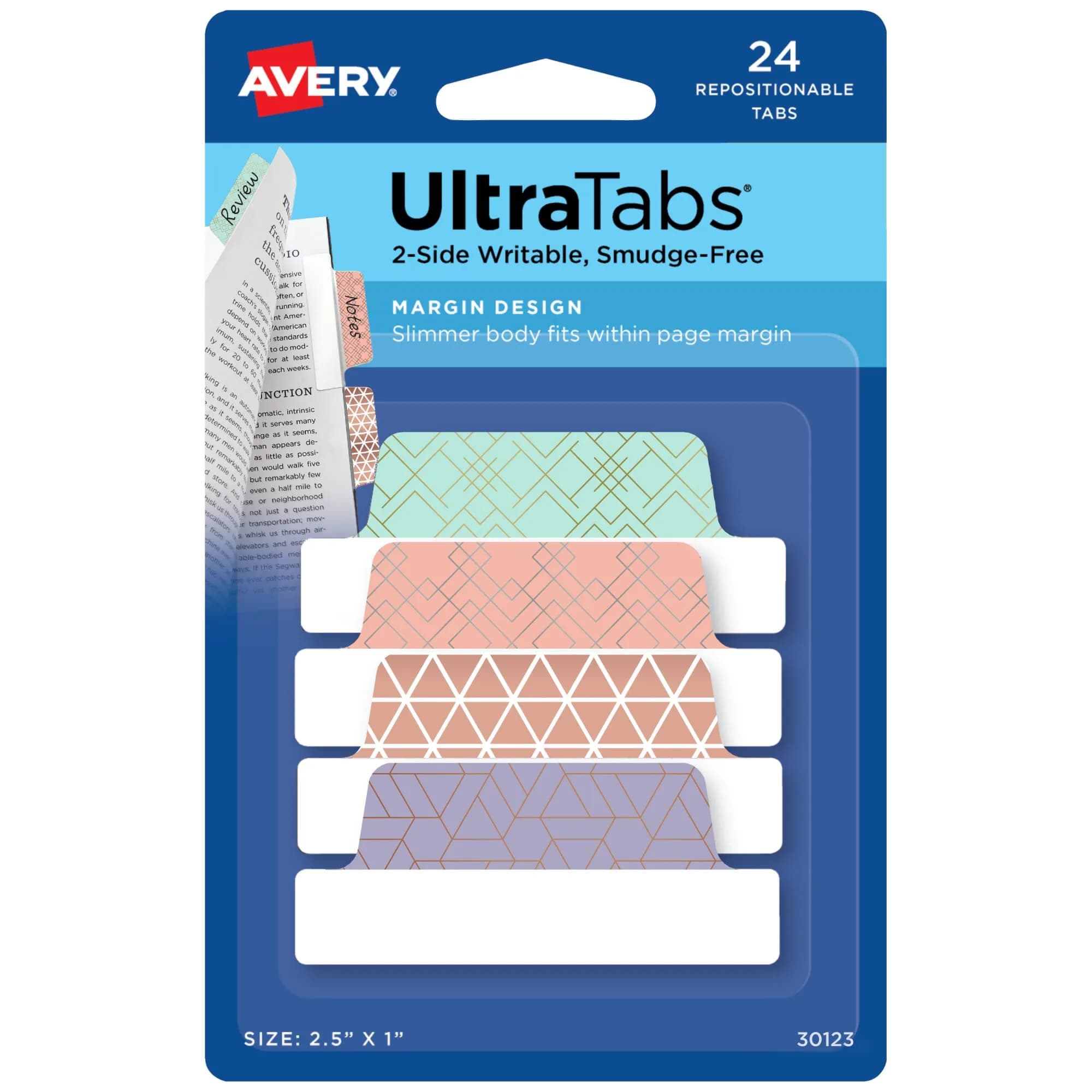 Avery Margin Ultra Tabs, 2.5" x 1" | Assorted Metallic Geometric Designs, 24 Repositionable Page Tabs — Metallic Geometric