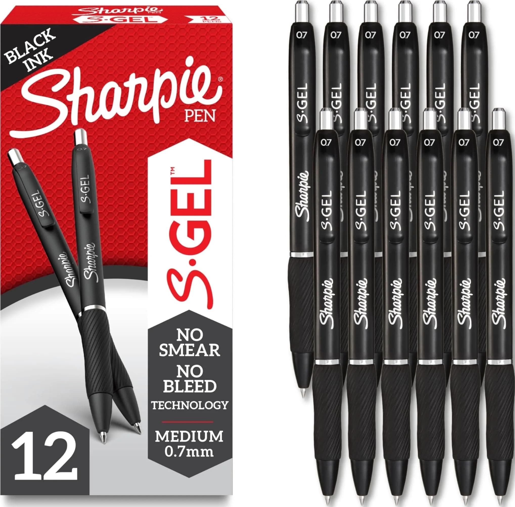 Sharpie S-Gel Gel Pens, Black Barrel, Medium Point (0.7mm), Black Gel Ink, 12 Count | Smooth Ink Flow for Students & Professionals