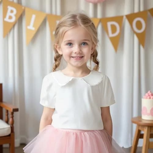 MODNTOGA Kids Baby Girl Long Sleeve Collar Shirt 3-4 Years | Solid White Toddler Top with Puff Sleeves thumbnail 5