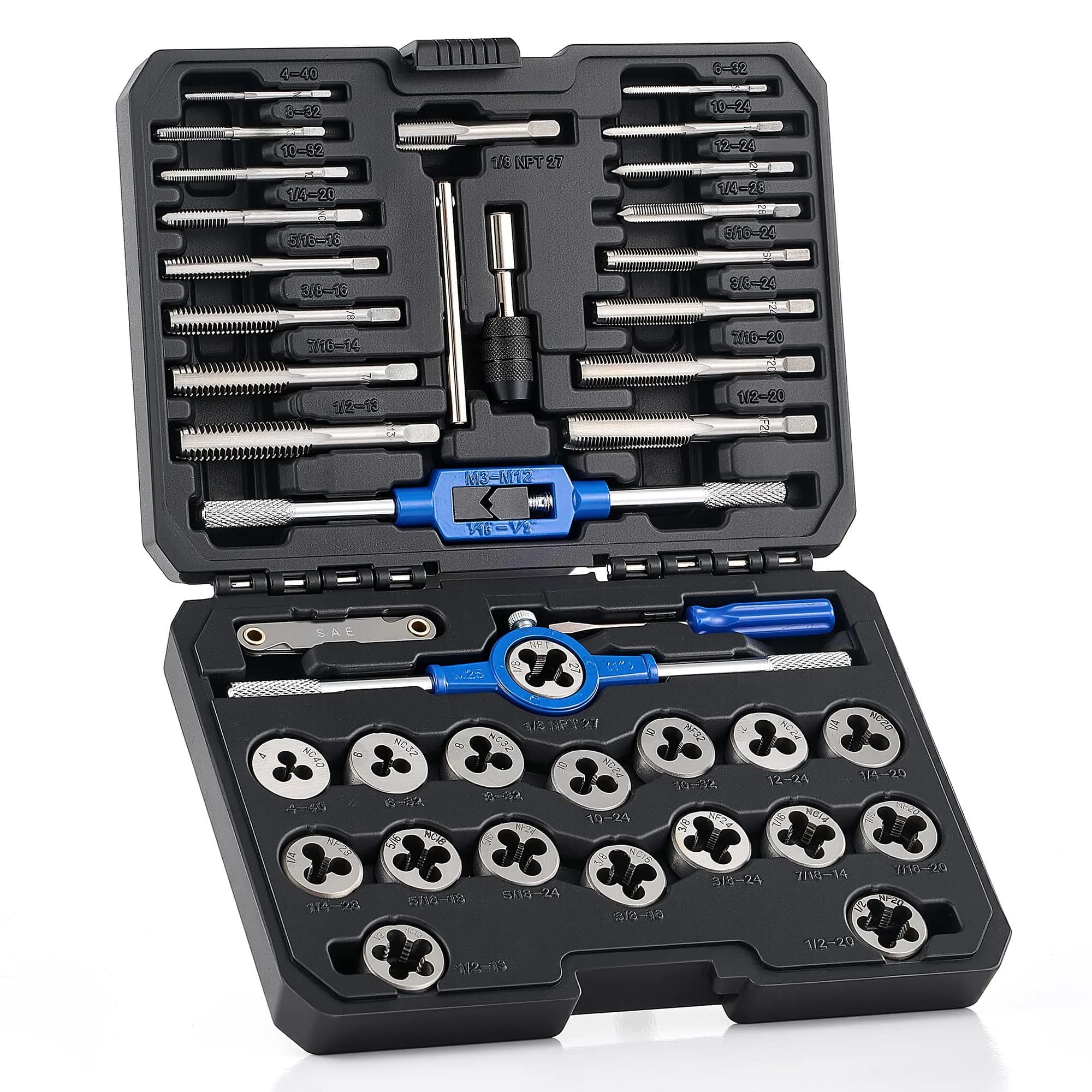 Orion Motor Tech SAE Tap and Die Set 40 pc | Thread Repair & Cutting Kit with Wrenches for Power & Hand Tools — Black