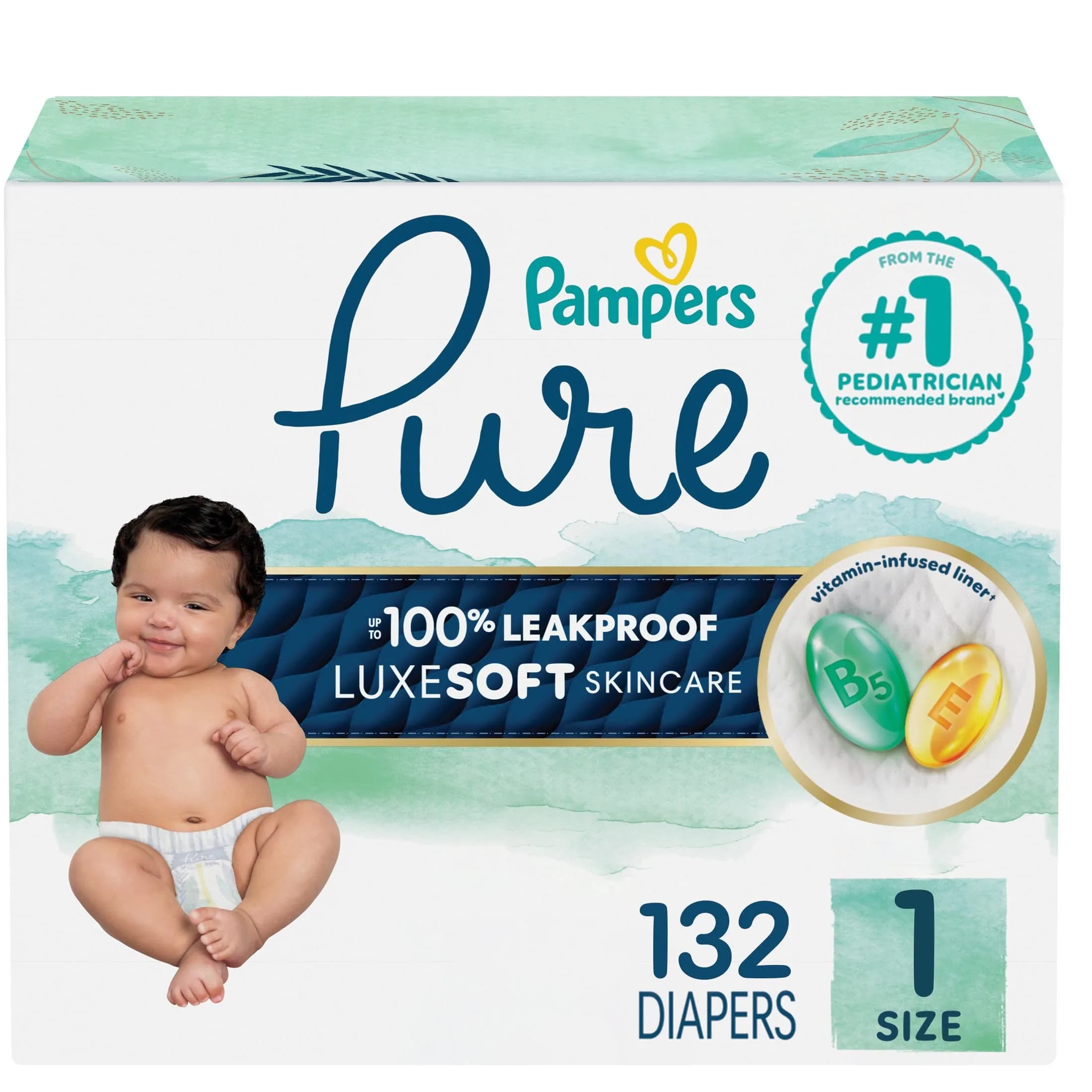 Pampers Pure Baby Diapers Size 1 (8-14 lbs) 132 Count | Hypoallergenic & Leakproof - main product image