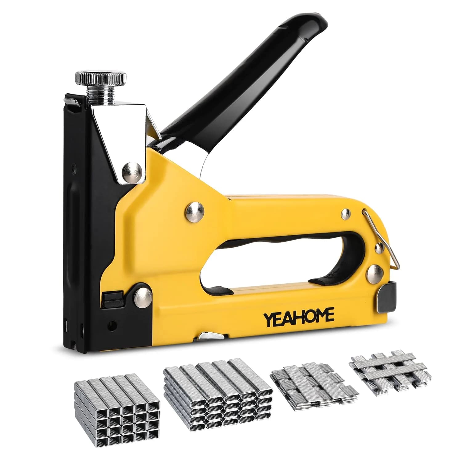YEAHOME Heavy Duty Upholstery Staple Gun 4-in-1 | Rust-Proof Steel, 4000 Staples, Adjustable Power — Yellow, 4-in-1 Staple Gun, with 4000 Staples