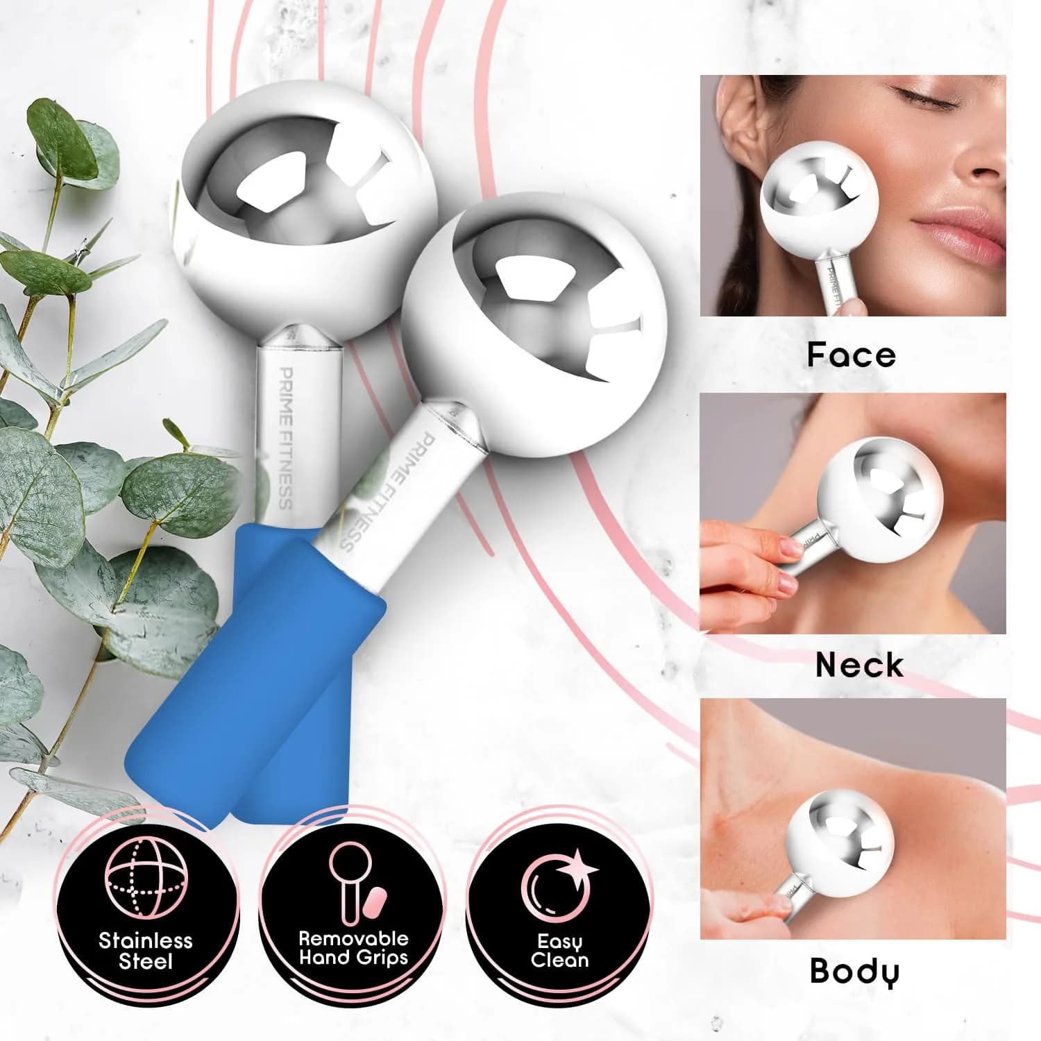 PRIME Fitness Ice Globes for Facials | Unbreakable Steel Cooling Roller | Cryo Sticks for Face & Eyes | Skin Care Massager (Blue, 2 Count) - view 2