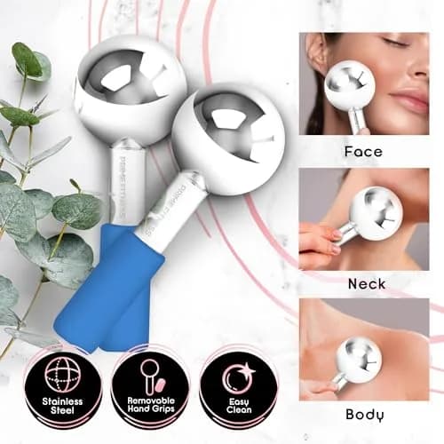 PRIME Fitness Ice Globes for Facials | Unbreakable Steel Cooling Roller | Cryo Sticks for Face & Eyes | Skin Care Massager (Blue, 2 Count) thumbnail 2