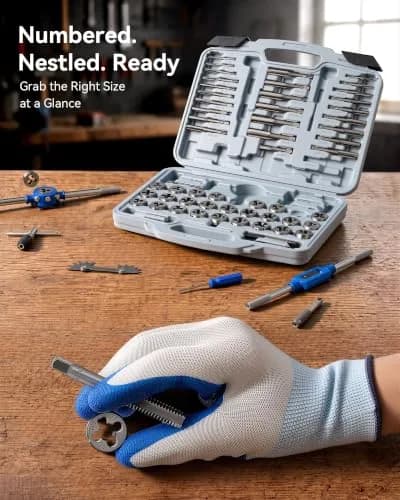 Orion Motor Tech 66pc SAE & Metric Tap & Die Set | Heavy-Duty Thread Repair & Extraction Kit with Screw Extractors (66 pcs, GCr15 Steel) thumbnail 6