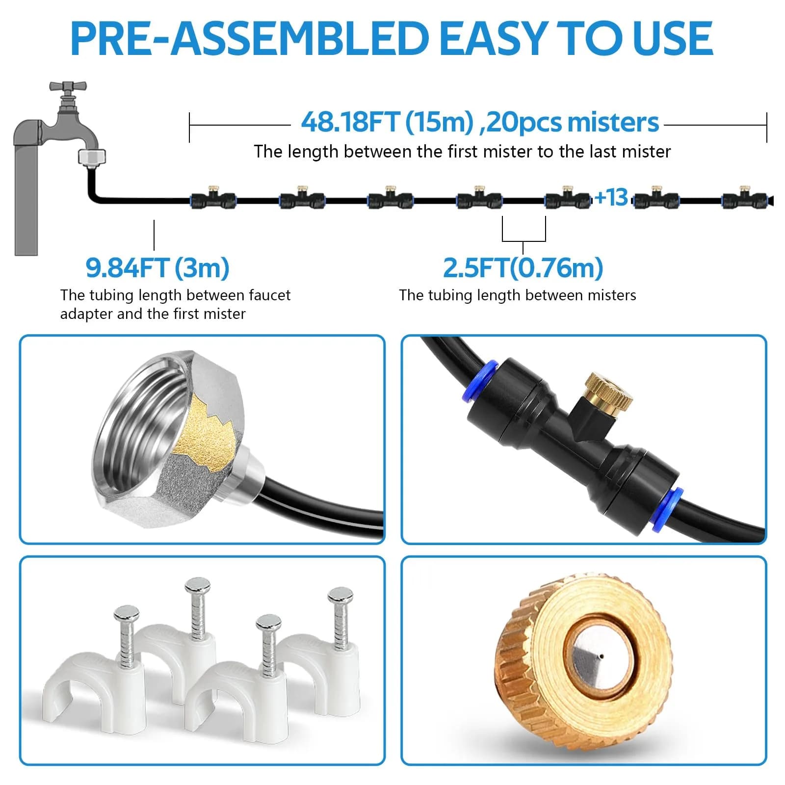 homenote Black 59FT (18M) Misting Cooling System with 20 Brass Nozzles & 3/4" Adapter - view 2
