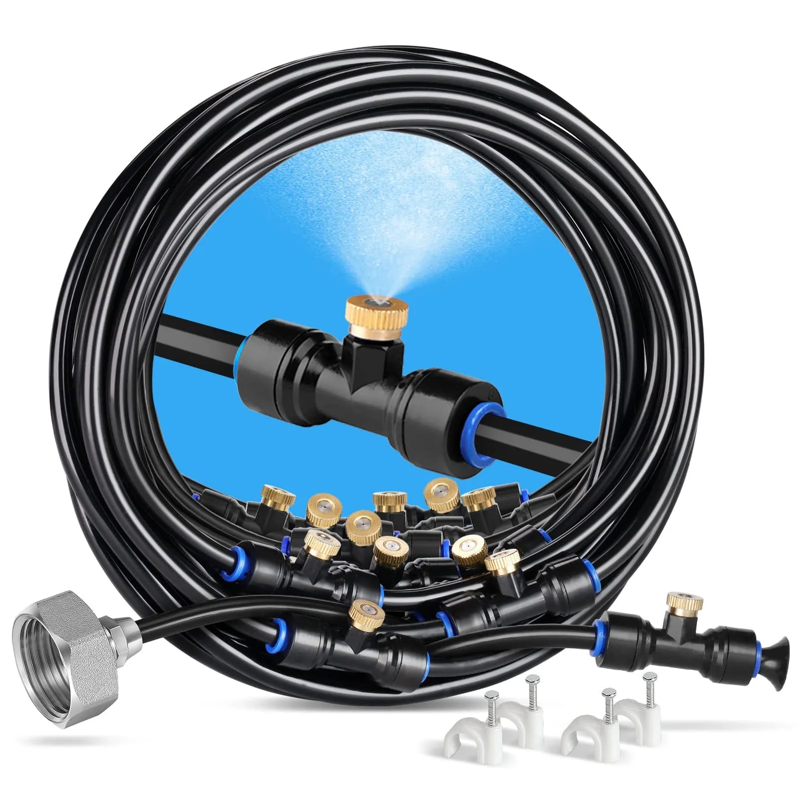 homenote Misting Cooling System 98FT (30M) Pre-Assembled Mister Kit with 27 Brass Nozzles & 3/4" Brass Adapter — Black / 59FT / 18M