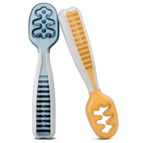 NumNum Baby Spoons Set, Pre-Spoon GOOtensils for 6+ Months, First Stage Self-Feeding Spoons with Contoured Handle, BPA-Free Silicone Toddler Utensils, 2 Pack Blue/Orange — Blue / Orange / 4 Spoons