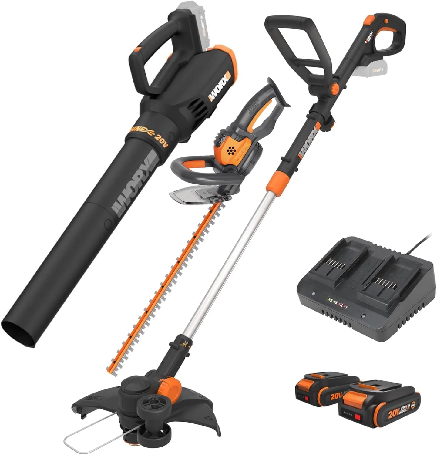 WORX WG931 20V Cordless String Trimmer, 360 CFM Blower & 22" Hedge Trimmer Combo Kit | 2 Batteries Included - main product image