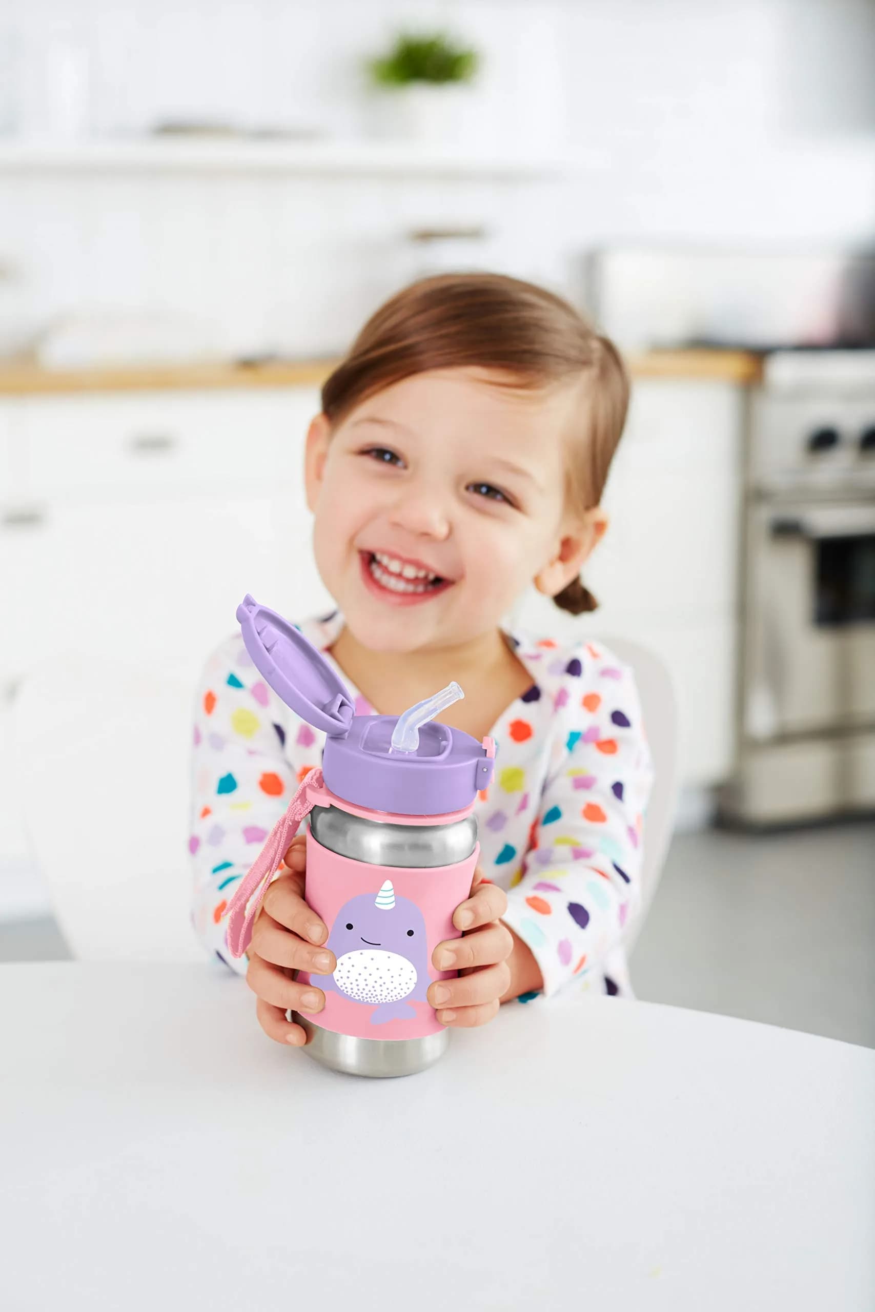 Skip Hop Zoo Stainless Steel Straw Bottle Butterfly 350ml (12 oz) | Spill-Proof Toddler Cup with Grab Strap - view 3