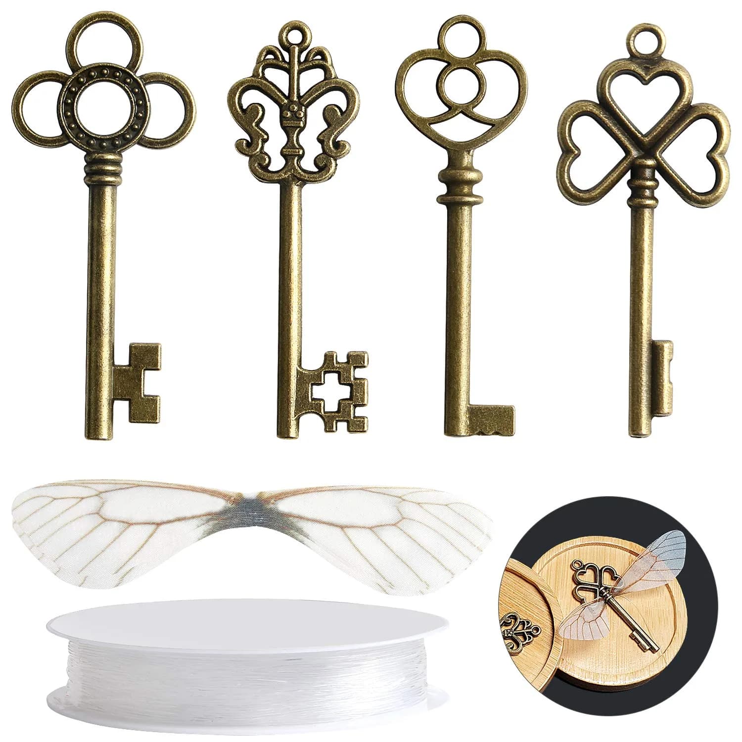 SANNIX Vintage Skeleton Keys Charms with Flying Wings | Antique, 2.3-3.2 inch | Perfect for DIY Crafts & Gifts