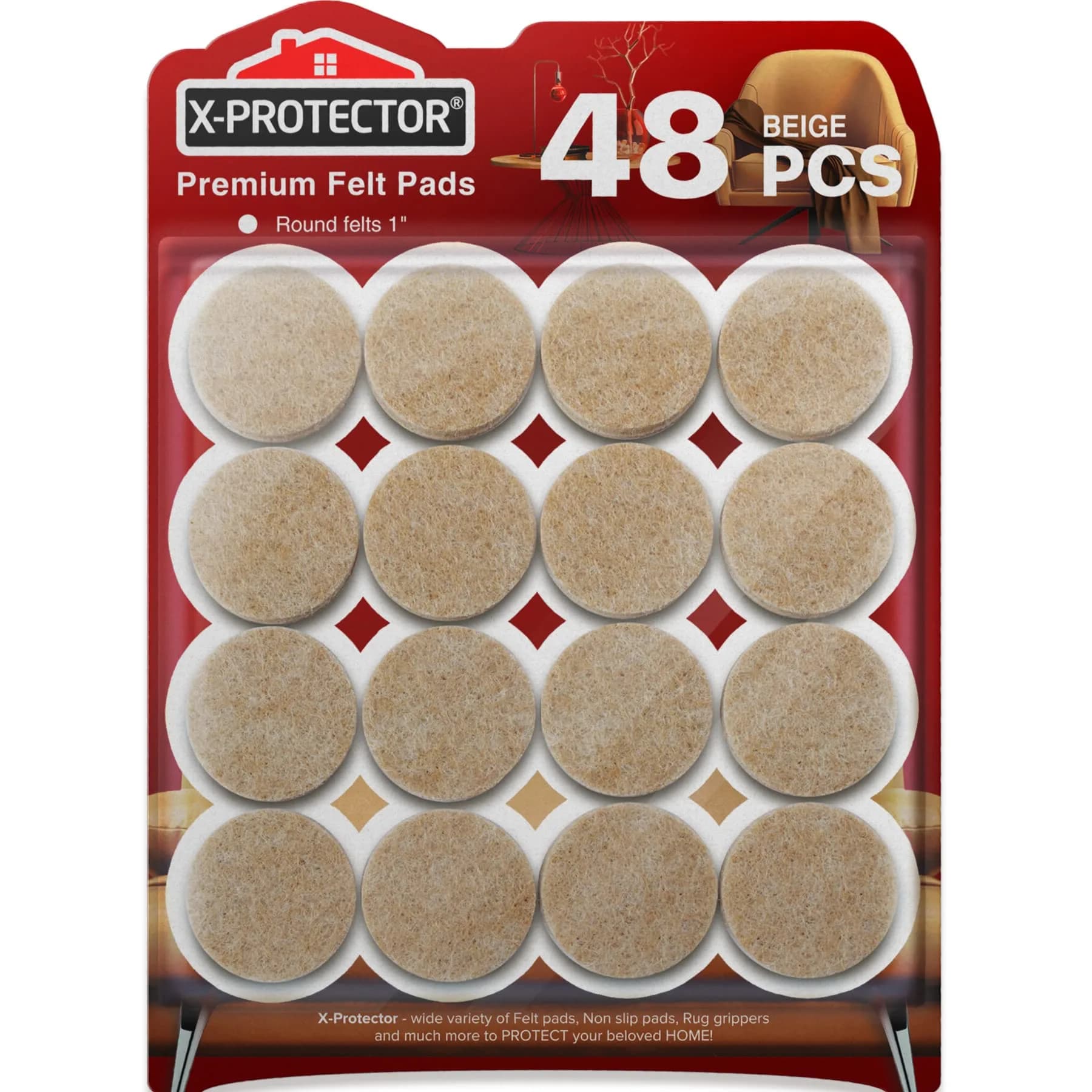 X-Protector Felt Furniture Pads 48 pcs 1" Beige | Floor Scratch Protection — 48 PCS 1" Beige, Round