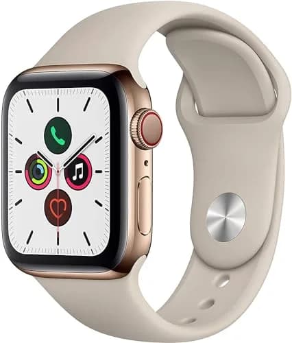 Apple Watch Series 5 (GPS + Cellular, 40MM) - Silver Stainless Steel Case with White Sport Band | Smartwatch for Professionals — GPS + Cellular / 40MM / Gold Stainless Steel Case & Stone Sport Band