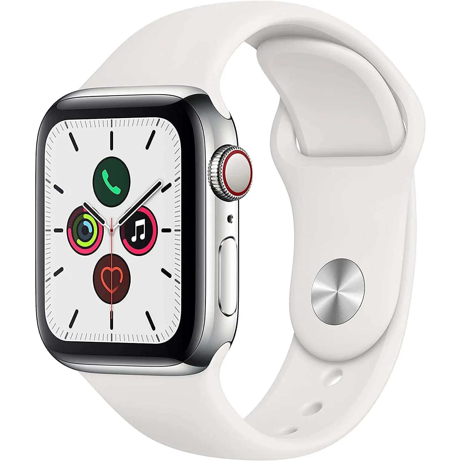 Apple Watch Series 5 GPS + Cellular 40MM Silver Stainless Steel Case with White Sport Band | Smartwatch with GPS and Cellular — Stainless Steel Case & White Sport Band