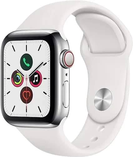 Apple Watch Series 5 (GPS + Cellular, 40MM) - Silver Stainless Steel Case with White Sport Band | Smartwatch for Professionals — GPS + Cellular / 40MM / Stainless Steel Case & White Sport Band