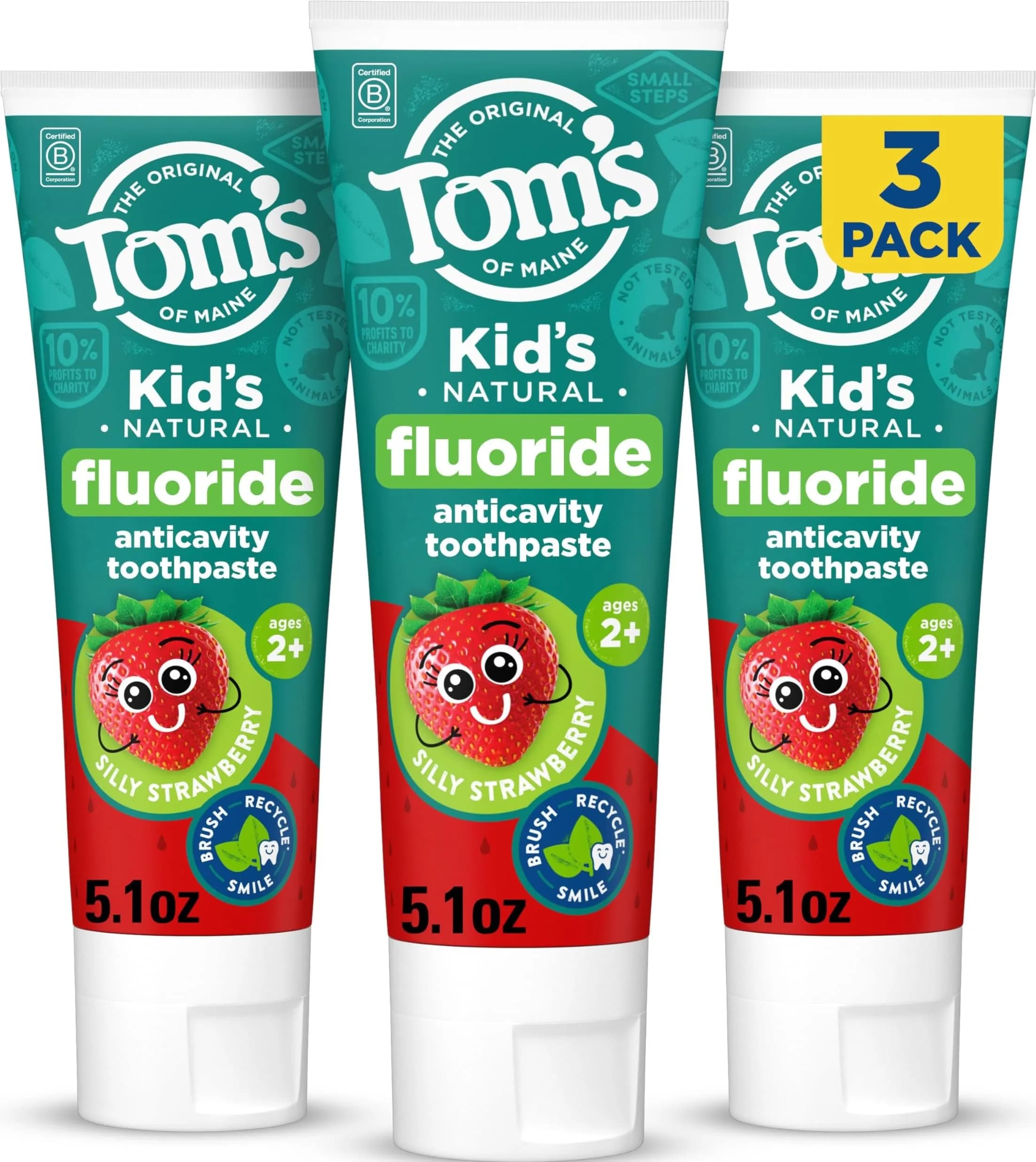 Tom's of Maine Natural Kids Fluoride Toothpaste, Silly Strawberry 3 Pack, 15.3 oz (434 g) | Fights Cavities with Natural Ingredients