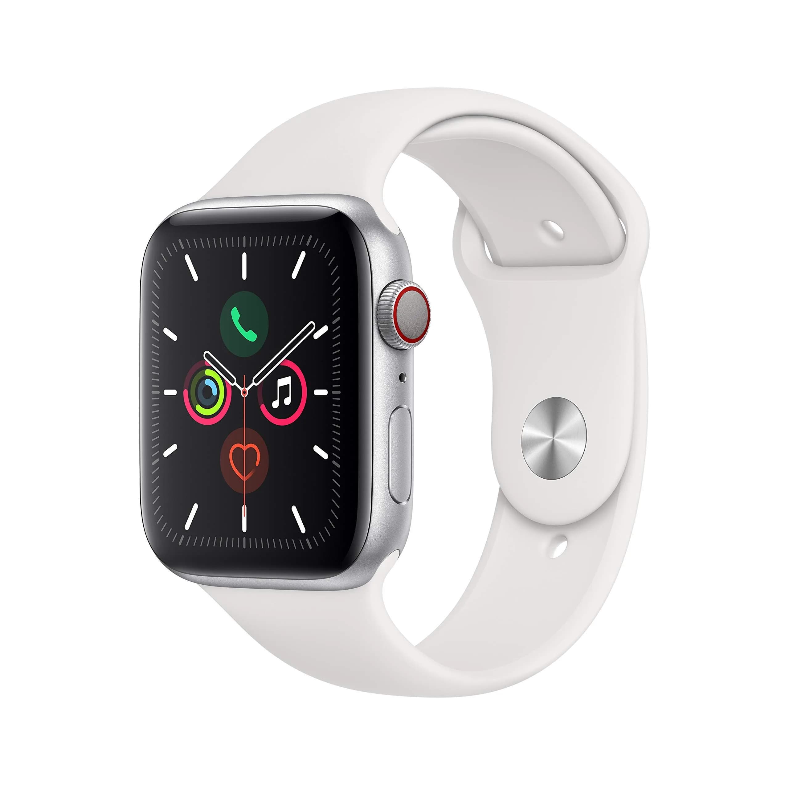Apple Watch Series 5 (GPS + Cellular, 44MM) Silver Aluminum Case with White Sport Band | Always-On Retina Display - main product image