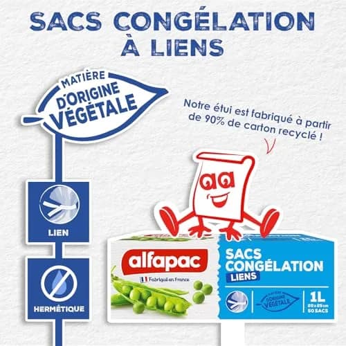 Alfapac Freezer Bags with Ties 1L (50 Count) | Renewable Plant Material, Made in France thumbnail 2